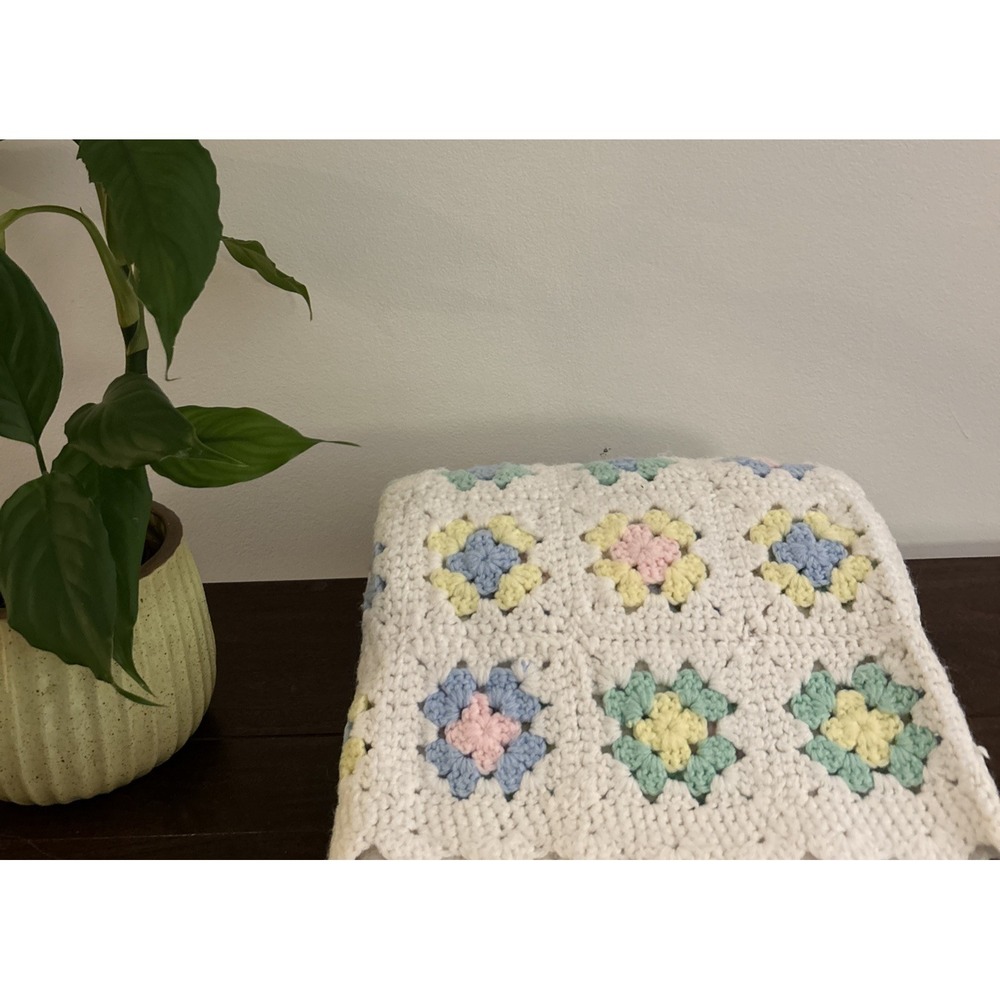 Crochet Baby Afghan Throw Blanket Pastel Granny Square Handmade 55x34